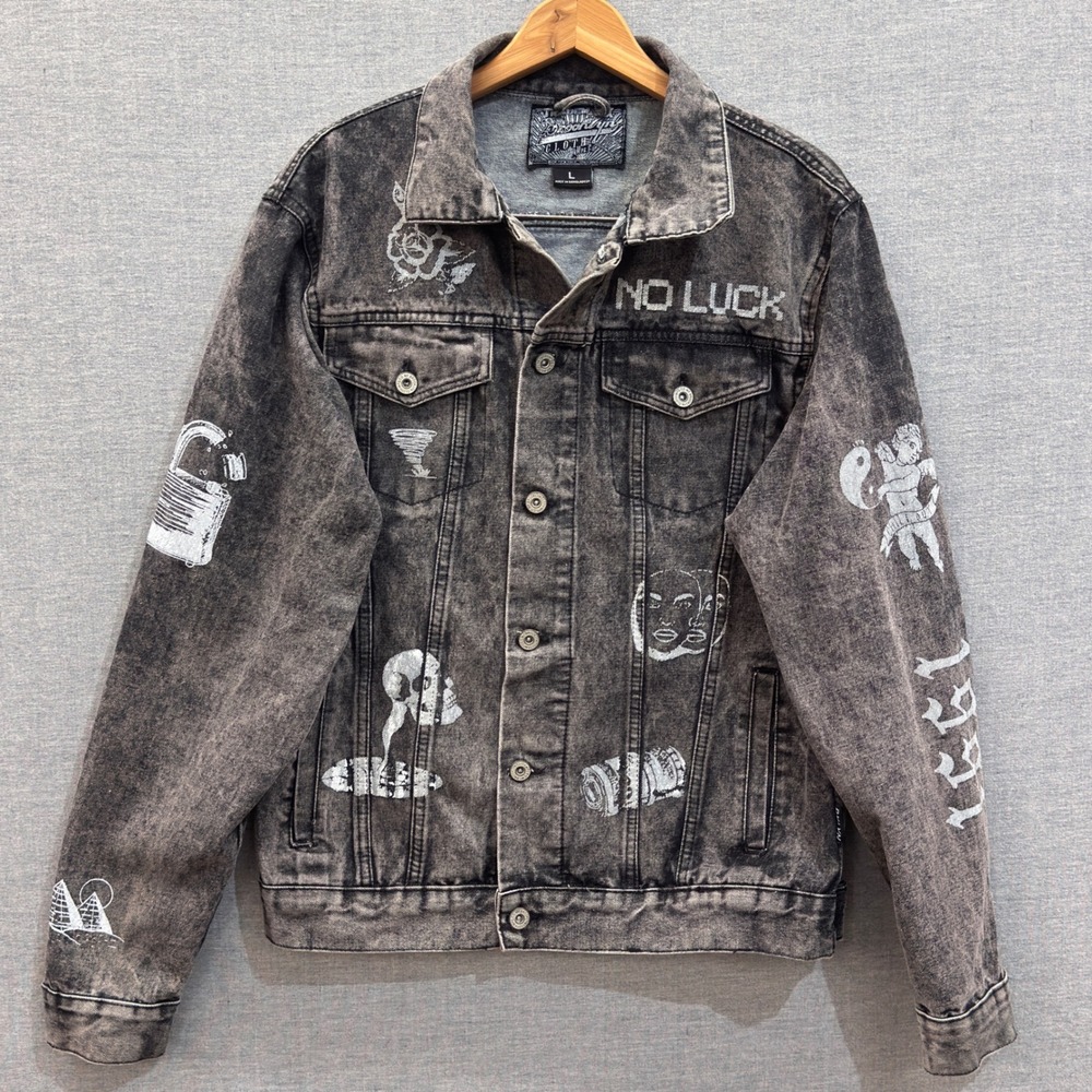 Brooklyn Cloth Mens Acid Wash Graphic Denim Trucker Jacket Black Size L